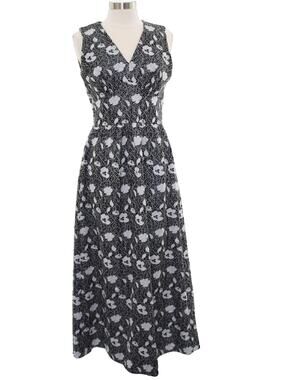 Vintage 70s Handmade Black Silver Floral Sleeveless Maxi Dress Women's Small